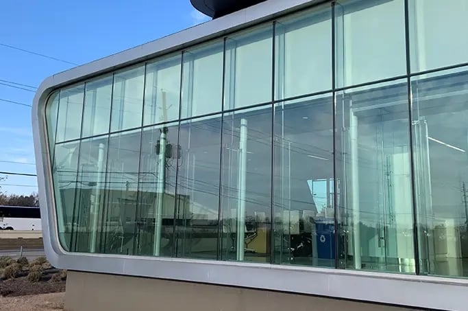 A building where ballistic resistance was achieved through backglazing