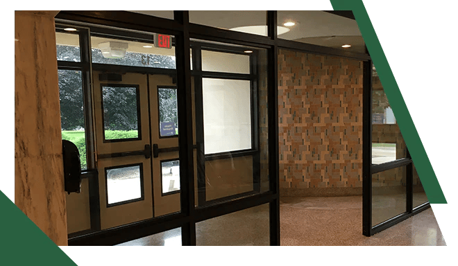 An example of bullet proof windows and doors in the context of a school entrance