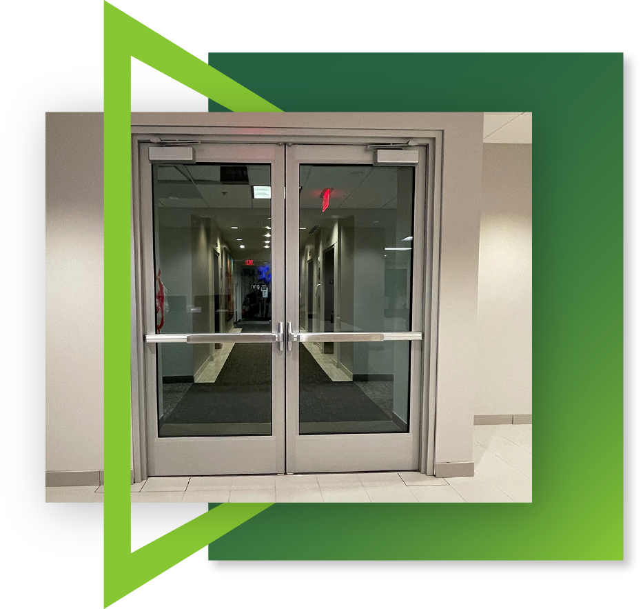 A photo of an aluminum frame installed in conjunction with swinging doors