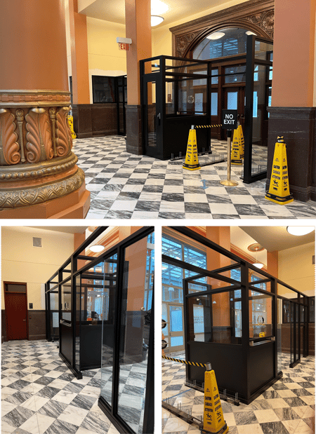 A collage of photos highlighting a government building's high-security access control system that blended a historic front door with an access control vestibule
