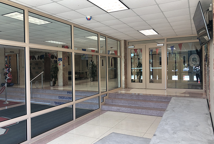 An example of bullet-resistant doors (or bullet proof doors) installed at a school entrance to make the building more resistant to ballistic attacks